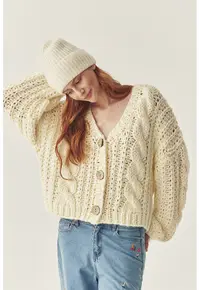 Cardigan tricotat din amestec de lana cu aspect masiv TATUUM x Adeline Wang - Crem