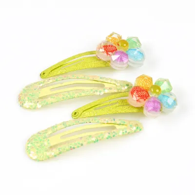 Set 4 clame de par verzi cu flori colorate si sclipici