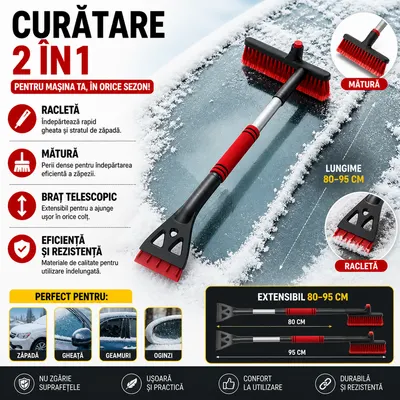 Racleta Auto Telescopica ,Lungime Reglabila de la 80 la 95 cm, Eficineta si Rezistenta, Razuitoare Detasabila, Prietenos cu Vopseaua Masinii, Negru/Rosu