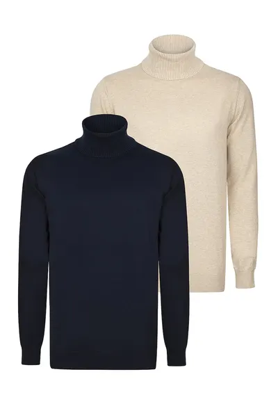 Set de pulovere din bumbac cu guler inalt - 2 Piese - Bej/Bleumarin