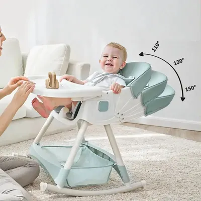 Scaun de masa pliabil pentru bebelusi Little Mom 3 in 1 Funny Pink cu roti si functie de balansoar, multifunctional, centura de siguranta 5 Puncte, ajustabil pe inaltime, cos de depozitare, husa detasabila