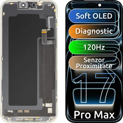 Display cu Touchscreen si Senzor Proximitate MP compatibil cu Apple iPhone 17 Pro Max, cu Rama, Versiune Soft OLED FHD 120Hz Diagnostic, Negru