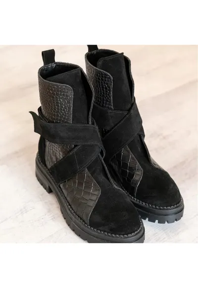 Bocanci piele naturala - Bristol - Croco Black - Negru