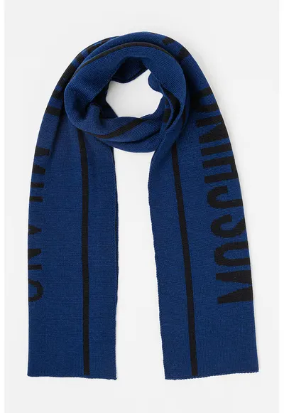 Fular tricotat din amestec de lana cu imprimeu logo - Negru/Albastru ultramarin