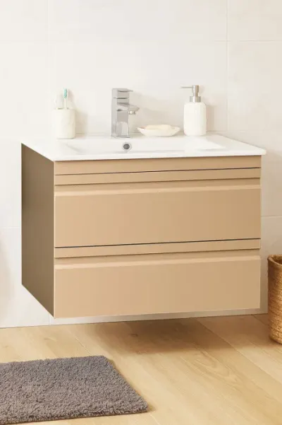 Set Baza front MDF si Lavoar seria 086, suspendata, cu sertare, montata, 70 cm, cappuccino