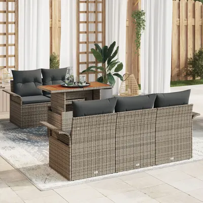 Set canapea gradina 6 piese cu perne gri rattan polietilena, canapea gradina cu 2 locuri & spatiu de depozitare & perne gri rattan polietilena