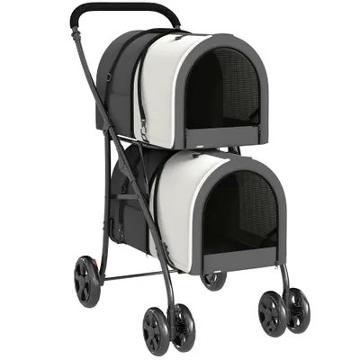 PawHut Cărucior Dublu pentru Câini și Pisici Pliabil cu 2 Transportine Detașabile cu Centură și Perne 66x50x98cm Gri Închis | Aosom Romania