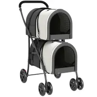 PawHut Cărucior Dublu pentru Câini și Pisici Pliabil cu 2 Transportine Detașabile cu Centură și Perne 66x50x98cm Gri Închis | Aosom Romania