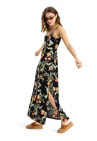 Rochie lunga cu model si slit lateral - Verde/Negru/Portocaliu