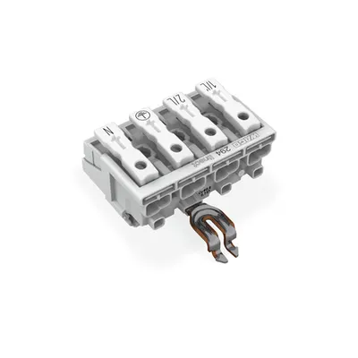 Lighting connector; push-button, external; for Linect®; with angled snap-in ground contact; 1/L´-2/L-PE-N; 4-pole; Cod. A; Lighting side: for solid conductors; Inst. side: for all conductor types; max. 2.5 mm²; Surrounding air temperature: max 85°C (T85)