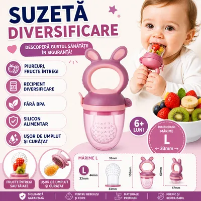 Suzeta pentru diversificarea hranei, pentru fructe si legume, silicon moale, Mov, Marimea L