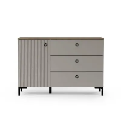 Comoda DOMINICA, 1 usa, 3 sertare, taupe + stejar silverjack, 120x41x81 cm