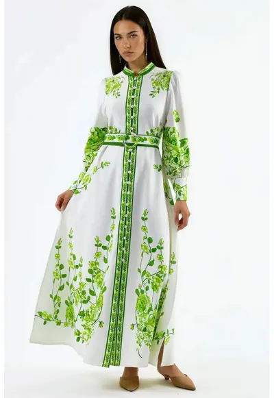 Rochie Maxi - Floral - Maneca Lunga - Verde - Poliester