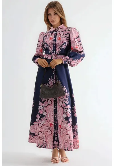 Rochie Maxi - cu imprimeu - poliester - cu cordon - roz/bleumarin