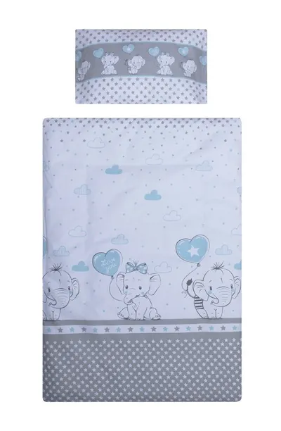 Lenjerie din bumbac cu 5 piese pentru saltea 120x60 cm Beberoyal Love Elephants Blue ambalata intr-o gentuta de transport