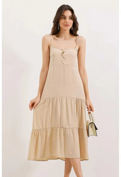 Rochie midi dama - HiCCUP - lejera - decolteu patrat - poliester - bej