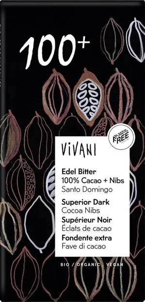 Ciocolată naturală organică cu boabe de cacao, 100% cacao, 80 g, Vivani