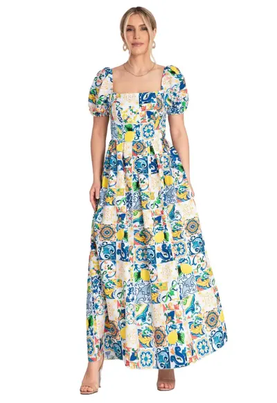 Rochie decolteu patrat - maneci bufante - albastra - bumbac/elastan