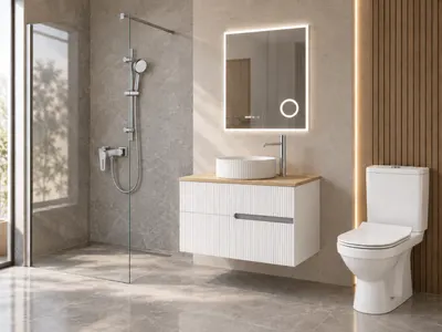 Pachet baie completa cu dus walk-in 80 cm, mobilier, lavoar si WC Foglia Essential