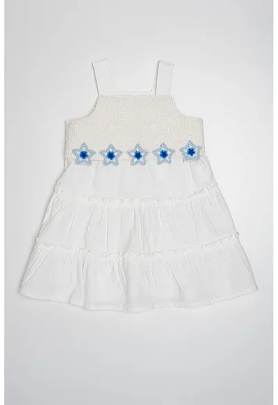 Rochie evazata cu broderie - Albastru pastel/Alb murdar