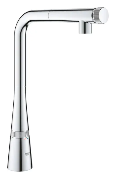 Baterie de bucatarie Grohe Zedra Smartcontrol 31593002, 3/8'', pipa inalta, tip L, dus extractabil, 2 functii, control push&turn, pivotanta, limitator, Crom