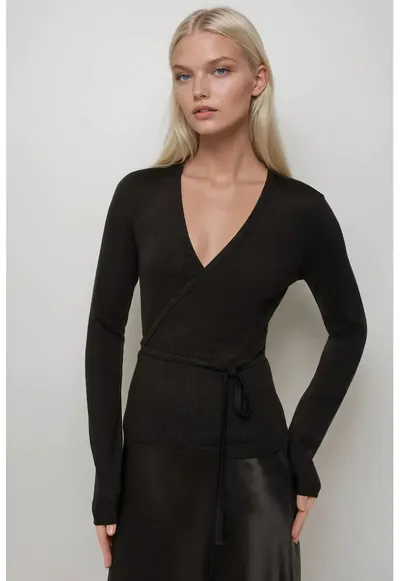 Bluza dama - tricotata - maneca lunga - decolteu in V - negru - bumbac si viscoza