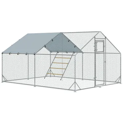 PawHut Coteț pentru Găini cu Acoperiș Impermeabil și Rezistent la UV, Hrănitor și Usă, 300x400x195 cm, Argintiu | Aosom Romania