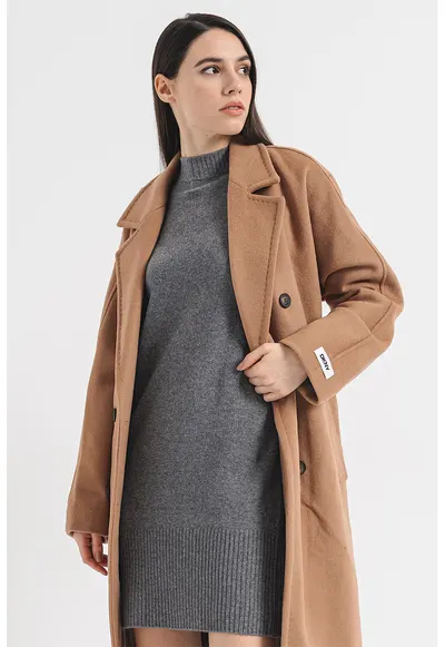 Palton uni din amestec de lana cu model petrecut - Caramel