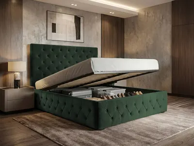 Pat Tapitat cu somiera Rabatabila si lada de depozitare - Noble Verde - Velluto 27 140x200