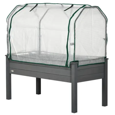 Outsunny Pat de Grădină Înălțat cu Acoperiș din PE, Jardinieră din Lemn pentru Exterior cu 4 Orificii de Drenaj, pentru Flori și Legume, pentru Grădină, Balcon, 121x55x117 cm, Gri Închis | Aosom Romania