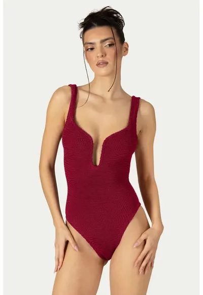 Costum de baie intreg cu decolteu adanc si decupaj pe spate - Rosu inchis