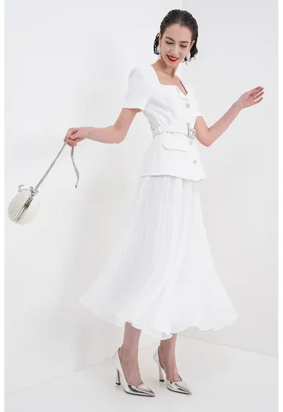Rochie combi cu pliuri - Alb optic