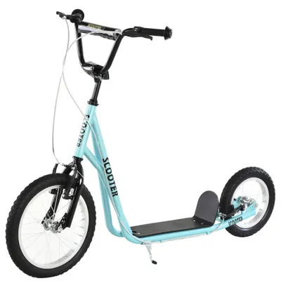 HOMCOM Trotinetă patinette cu roți mari pneumatice Ø 40 și 30 cm Înălțime Ghidon reglabil Frână AV/AR cric Oțel, Albastru | Aosom Romania