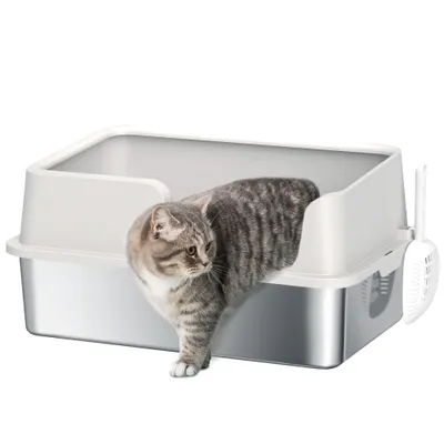 PawHut Litieră Inox, Bord Detasabil, Antimiros | Aosom Romania