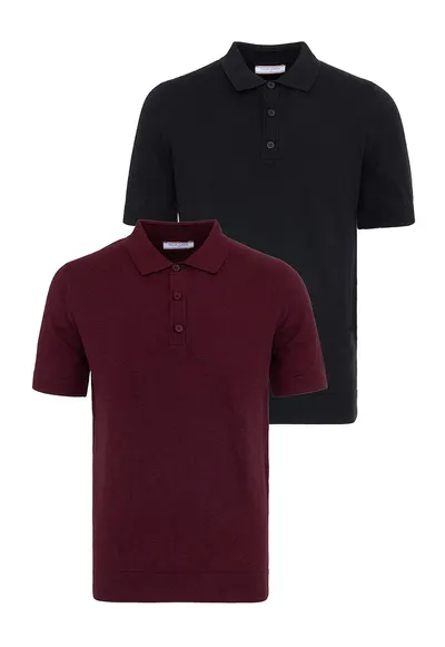 Set de tricouri din bumbac cu guler polo - 2 piese - Visiniu/Negru