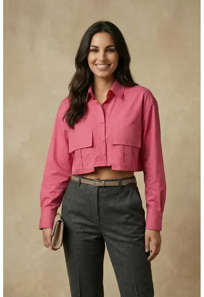 Camasa dama - cropped - roz magenta - 100% bumbac - maneca lunga - buzunar