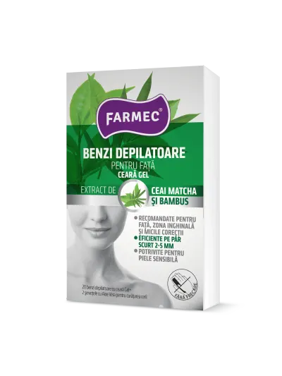 Benzi Depilatoare Pentru Față Cu Ceară Gel, Extract De Bambus și Matcha, Farmec, 20 Buc