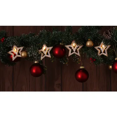 Lant lum.LED de Craciun, stea,cerb, din lemn, cu baterii Timer 6+18h, 10LED, 3000K, 2xAA