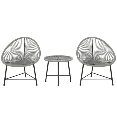 Outsunny Set mobilier de grădină 3 piese, 2 scaune din ratan plastic, 1 masă cu blat din sticlă, cadru din oțel, mobilier de exterior, Gri | Aosom Romania