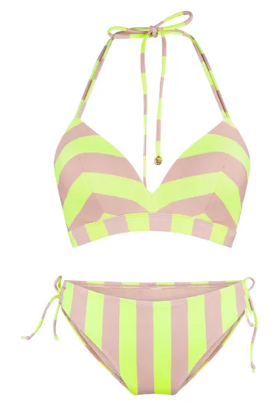 Costum de baie din doua piese cu model in dungi - Galben/Bej