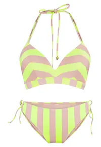 Costum de baie din doua piese cu model in dungi - Galben/Bej