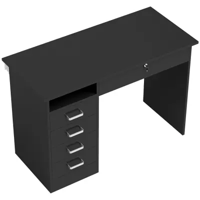 HOMCOM Birou modern cu 5 sertare, blat mare, 1 compartiment deschis, sertar închis cu cheie, 110 x 50 x 76cm, negru | Aosom Romania