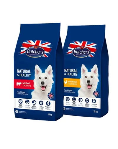 BUTCHER'S Natural&amp;Healthy mix arome mancare caine 2 x 15 kg pui si vita