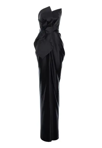 Rochie cambrata lunga cu aspect de satin si aplicatii - Negru