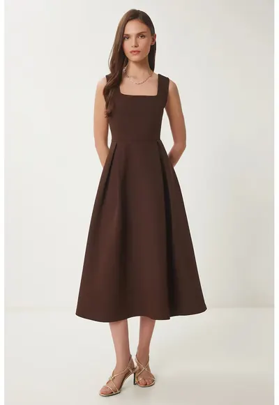 Rochie midi - Happiness Istanbul - guler patrat - fermoar - maro mocha - poliester