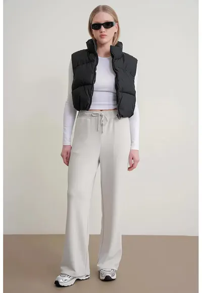 Pantaloni dama - talie inalta - gri - poliester - Gri