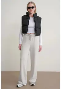 Pantaloni dama - talie inalta - gri - poliester - Gri