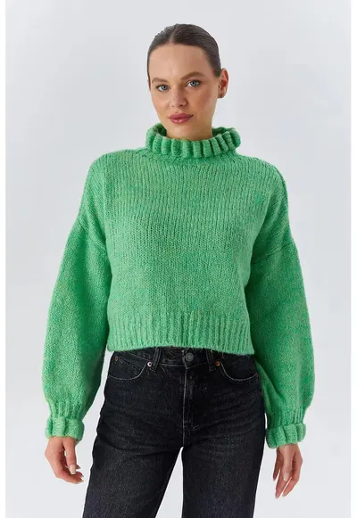 Pulover scurt - Tricot - Guler inalt - Verde menta