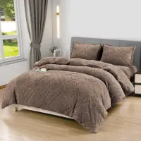 Lenjerie de Pat Dublu, CoCoLiNo Ultra Pufoasa, 4 piese, Cearsaf cu ELASTIC, Model Traditional 3D, Maro