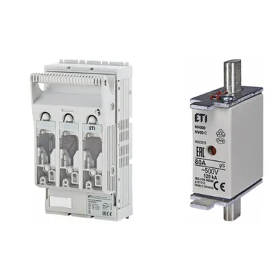 Pachet Protectie Circuit Trifazat: Soclu Siguranta Fuzibila NH00 3P (M8/M8), Siguranta Fuzibila NH000 gG 80A 500V